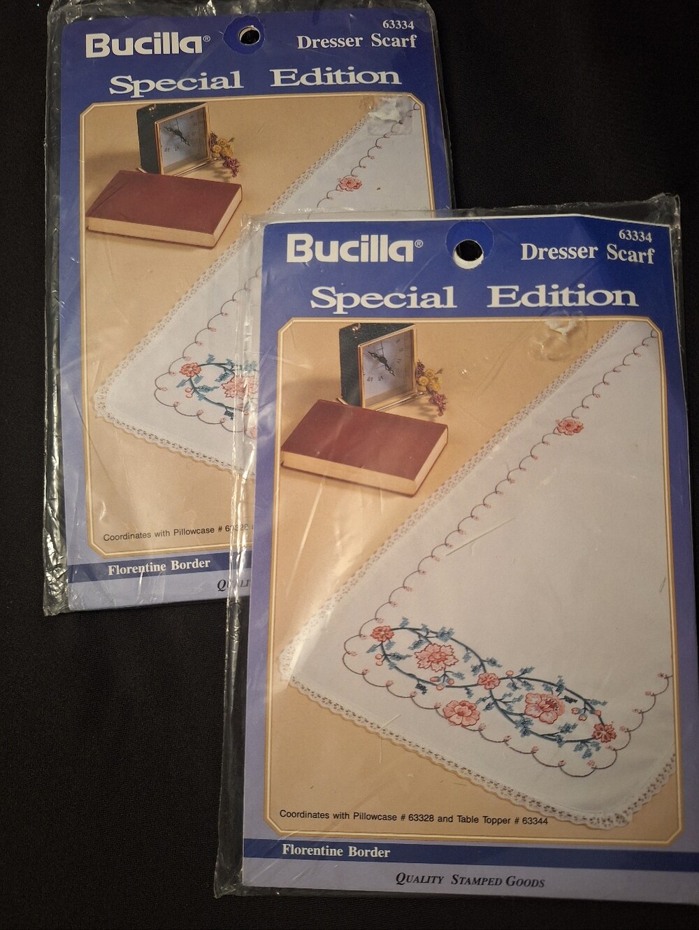 2 Vintage Bucilla Cross Stitch Kits Dresser Scarf Table Runner